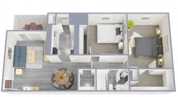 Floor plan for 2 beds, 1 bath, 1046 sqft